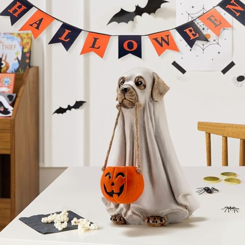 Halloween Ghost Dog Decoration - Cute Dog Holding Pumpkin Statue for Festive Decor - Variation of Dog