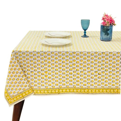 Ridhi Vintage Yellow Hand Block Print Cotton Dining Tablecloth 160x72 Rectangular