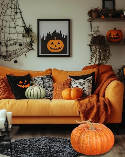 Large Artificial Pumpkin - Rustic Orange Foam Decor with Hand-Painted Details - Round 10.8 Inch Variation