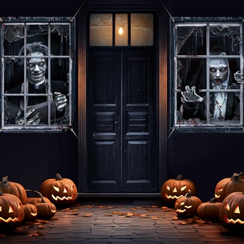 Halloween Ghost Curtain Set - Zombies and Ghost Variation - Spooky Window Decorations for Indoor Outdoor Party