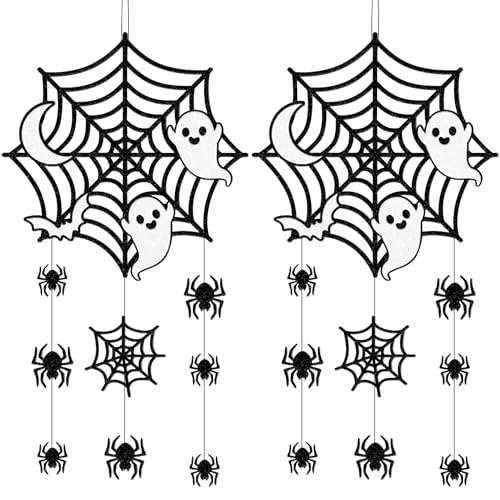 Halloween Hanging Decorations Set - Spider Web Ghost Bat Welcome Sign - Spider Web Variation