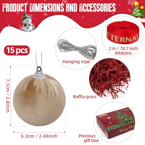 15pcs Champagne Velvet Christmas Ball Ornaments - Small Holiday Tree Decorations