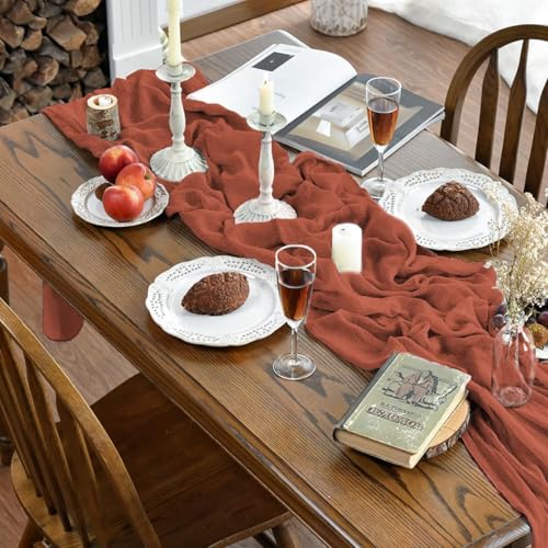 120 Inch Boho Terracotta Gauze Wedding Table Runner 6 Pieces Home Decor