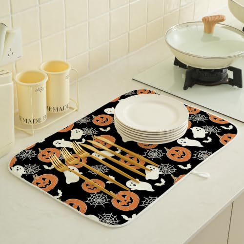 Halloween Pumpkin Ghost Spider Web Dish Drying Mat 18 x 24 Inch Black Spooky Cartoon Print - Pack of 1