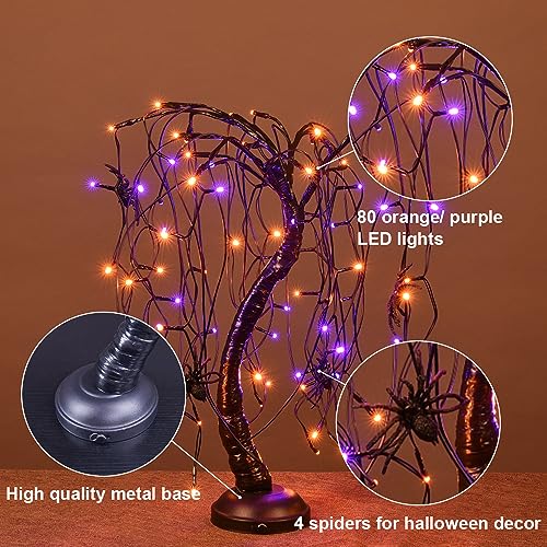 Halloween 24-Inch Lighted Willow Tree Bonsai with Orange & Purple LED Lights, Spiders - Tabletop Decor