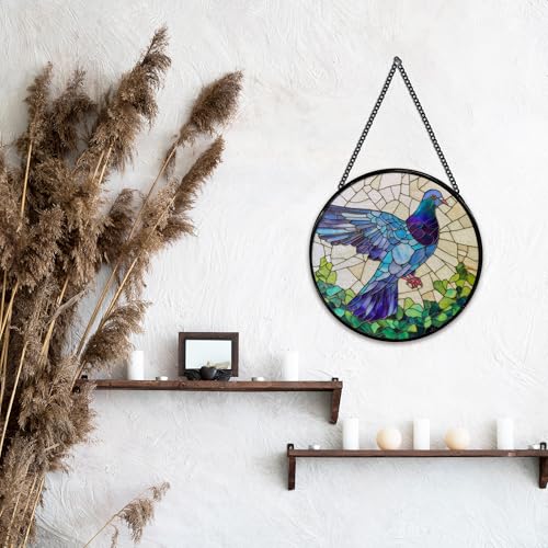 Stained Glass Bird Sun Catcher - Pigeon Window Hanging Decor, 7.9 Inch, Color14