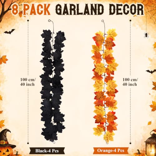 Halloween Garland Set - 8 Black and Orange Maple Leaf Garlands 26ft Fall Decor