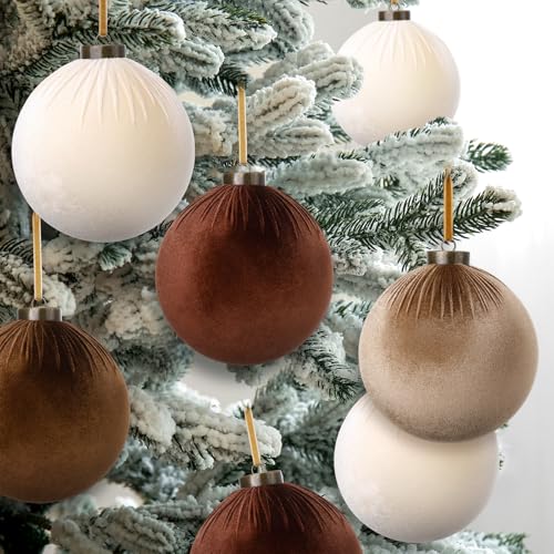 Large Brown Velvet Christmas Balls - 6 Inch Flocked Ornaments, Set of 12
