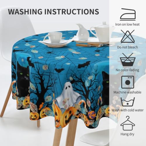 Halloween Round Tablecloth - Blue Spooky Ghost Pumpkins & Bats, 60 Inch, Non-Slip Wipeable Fabric - Variation: Blue / One Size