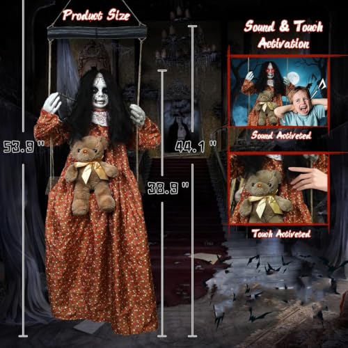 3.9 Ft Halloween Animatronic Hanging Girl with Creepy Sound Light Eyes Indoor Outdoor Decor