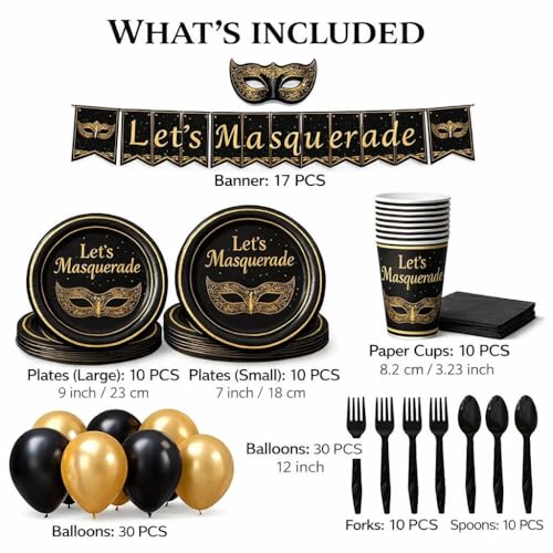 Masquerade Party Decorations Set - Black & Gold Party Supplies for Elegant Events