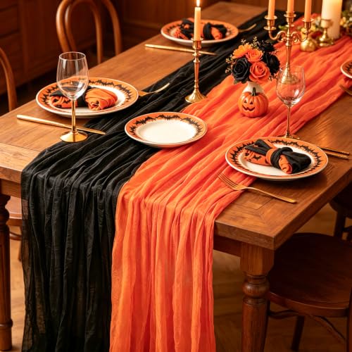 Halloween Cheesecloth Table Runner Black Orange 2 Pack - Trick or Treat Party Decor