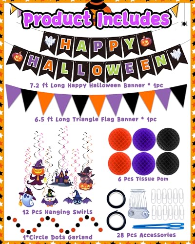 Halloween Party Decorations Kit - Banner, Bunting, Streamers & Poms - Indoor Halloween