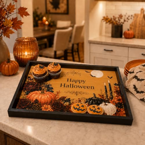 Bamboo Halloween Wooden Serving Tray with Handles 17x12 inches - Fall Decor