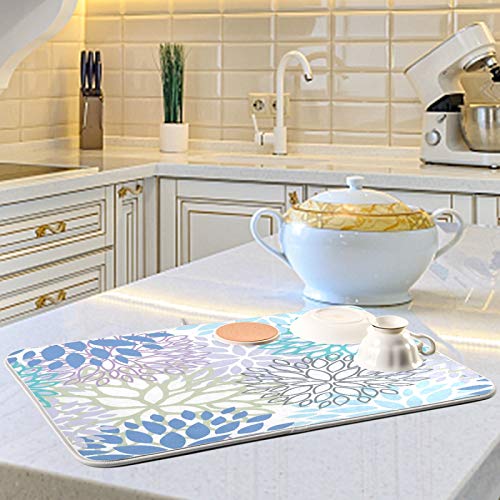 ALAZA 16 x 18 Inch Blue Grey Purple White Dahlia Dish Drying Mat Microfiber Kitchen Counter Protector