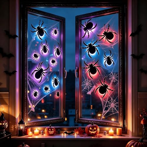 30 Pack Halloween 3D Spider Wall Decor with LED Lights and Fake Web
