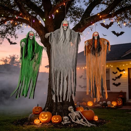 Halloween Hanging Skeleton Ghost Decorations Set with Light Up Red Eyes - Multicolor