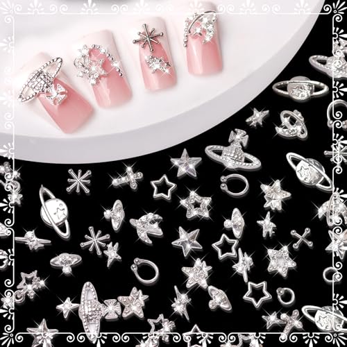 Silver Nail Charms Set - 3D Goth Metal Rhinestones & Accessories