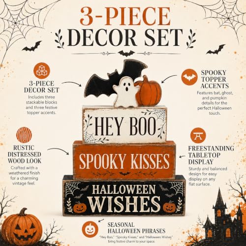 Halloween Wooden Tiered Tray Decor Set - Ghost & Jack O Lantern Signs, Indoor Festive Display