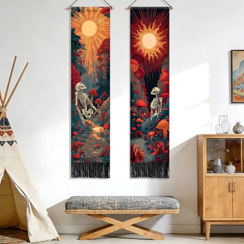 Skeleton Sun Vertical Tapestry Wall Hanging with Tassels - 13x51.1 Inch Long Wall Art for Bedroom, Living Room, Dorm - Variation: Skeleton Sun