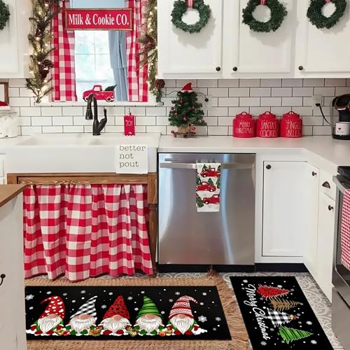 Black Christmas Kitchen Rugs Set of 2 - Festive Gnome & Buffalo Plaid Decor