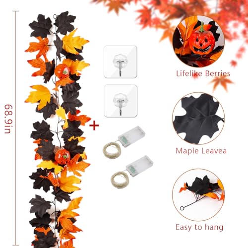 Orange Black Maple Leaf Garland 5.7Ft - 2 Pack Halloween Fall Autumn Decor
