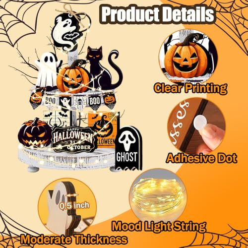 Halloween Tiered Tray Decorations Set - 17 Pc Self-Standing Wooden Signs & Light String
