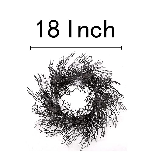 Halloween Wreath Black 18 Inch Door Decor with Spiders & Webs - Skrantun