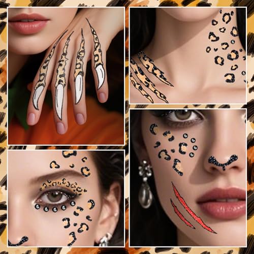 Halloween Leopard Face Paint Tattoos & Black Face Gems - Variation of Leopard Face Tattoos