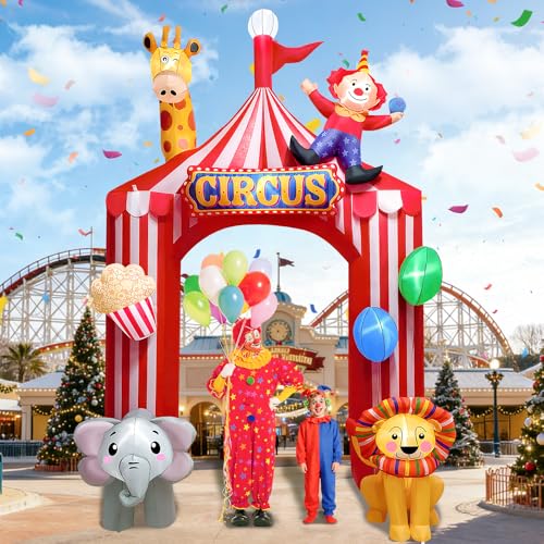 10FT Circus Party Inflatable Arch Outdoor Decoration with LED Lights - Red & White Tent Design, Animal Motifs, Easy Setup