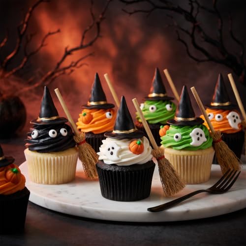 Mini Witch Hat and Broom Set - Halloween Decorations for Cake Toppers & Party Favors