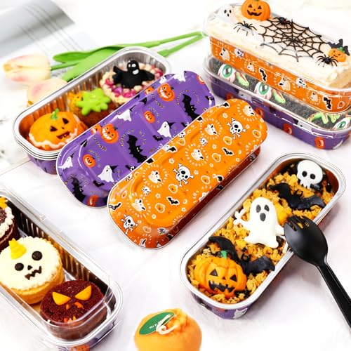 Halloween Mini Cake Pans with Lids & Spoons - 50 Pack, 6.8Oz Disposable Aluminum Tins, Party & Sale