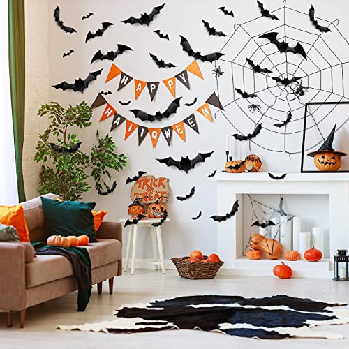 Bat-Shaped 3D Wall Decor - Reusable PVC Halloween Bats Set of 60 with 4 Sizes