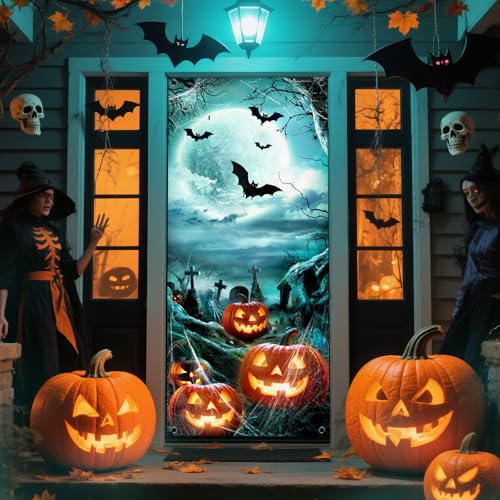 Halloween Door Cover 79x35 Inch Pumpkin Haunted House Decor Reusable Fabric Banner