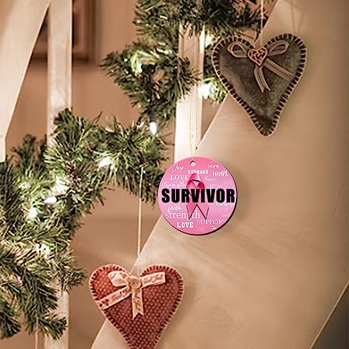 Pink Ribbon Christmas Ornament - Breast Cancer Awareness Gift for Women, Mom, Wife, Daughter - 3 Inch Ceramic Hanging Decor