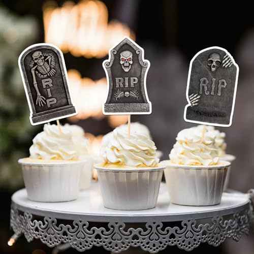 Halloween Cupcake Toppers & Mini Shovel Spoons Set - 48 Pcs, Skeleton Tombstones - Variation 1