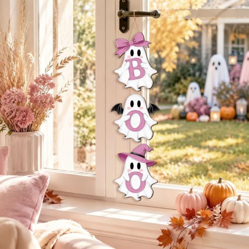 Halloween Pink Ghost Door Sign Decorations - Boo Wreath Hanger with 3 Plaques