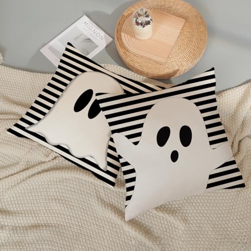 Halloween Pillow Covers 24x24 Set of 2 Ghost Stripe Linen Outdoor Decor - Black & White