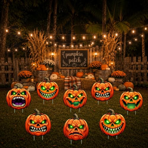 8-Pack Pumpkin Yard Signs Stakes with Glowing Eyes for Halloween Outdoor Decoration - Variation of Pumpkin