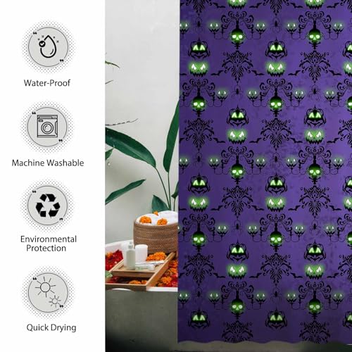 Halloween Purple Haunted House Shower Curtain - Spooky Skull & Pumpkin Design, Waterproof Fabric, 72 x 72 Inches