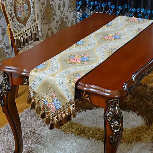 Luxury Velvet Table Runner 120 Inches Long with Damask Jacquard Design - Beige, X-Variation