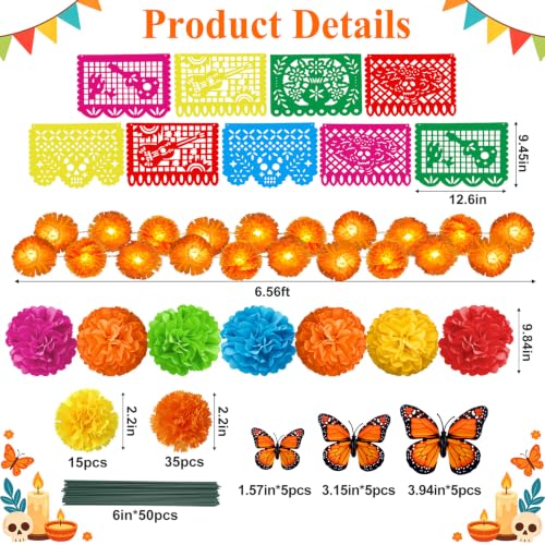 Dia de Los Muertos Decor Set with Marigold Garland Banners Flowers & Butterflies