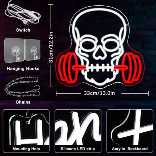 Dumbbell Skull Neon Sign for Gym & Halloween Wall Decor - Red & White