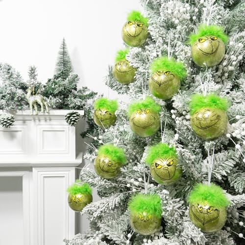12Pcs Christmas Tree Ornaments Bulk - 3.15 Inch Lime Green Balls with Festive Designs