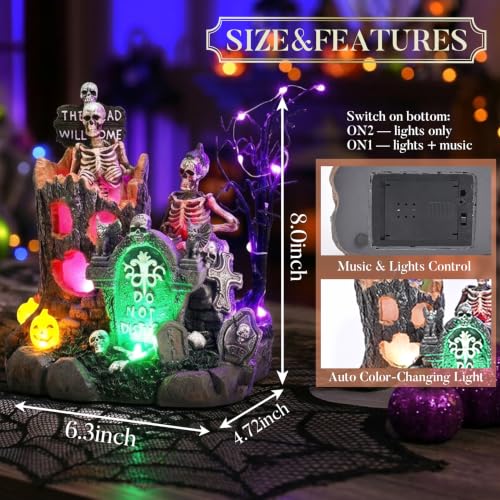 Lighted Halloween Village Scene with Skeleton Trees and Gravestones - Spooky Decor for Home & Party