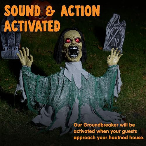 Halloween Outdoor Zombie Groundbreaker Decoration with Motion & Lights - Green & Gray, 39 Inches