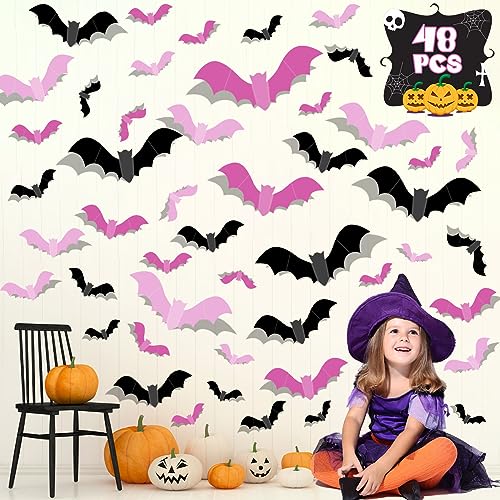 Pink Halloween Bat Wall Decals - 48pcs Indoor Outdoor Decor for Party & Home