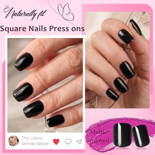 Black Extra Short Square Press On Nails with Glue Tabs - Timeless & Glossy