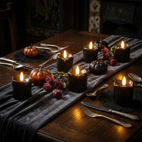Black Dripping Wax Halloween Flameless Votive Candles with Timer - Set of 6