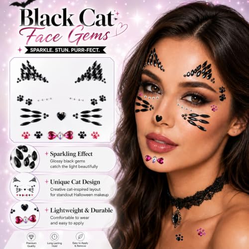 Cat Face Gems Stickers for Halloween Makeup and Costumes - 2 Sheets